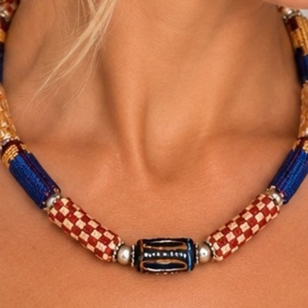 Handcrafted Beaded Choker Necklace Blue Red Gold Checkered Barrel Clasp